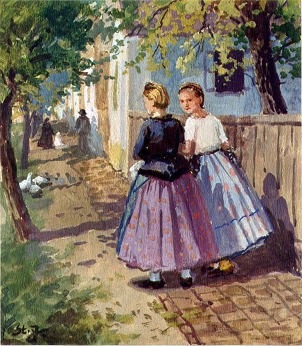 Zwei Mädchen auf der Dorfstraße