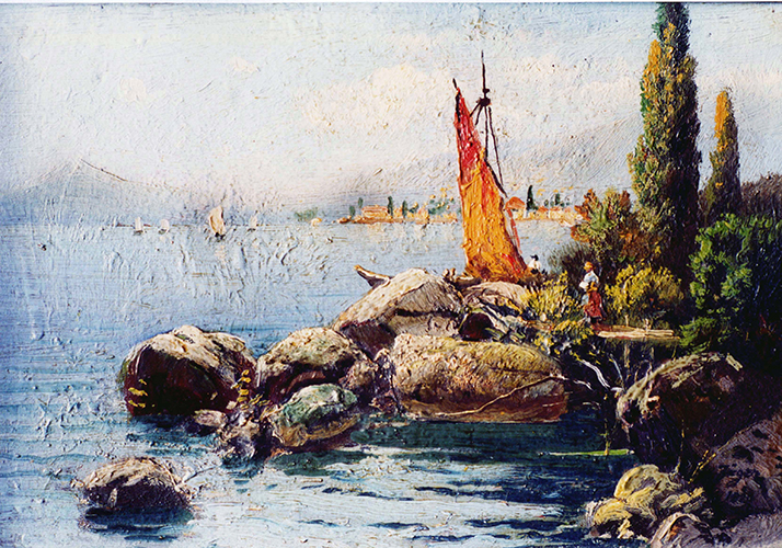 Landschaft, Seeufer mit Segelboot