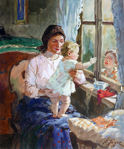 Mutter mit Kleinkind am Fenster