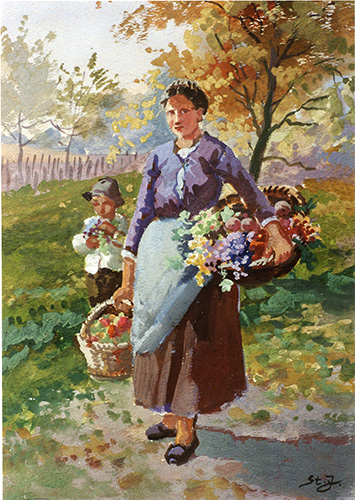 Marktfrau mit Blumenkorb