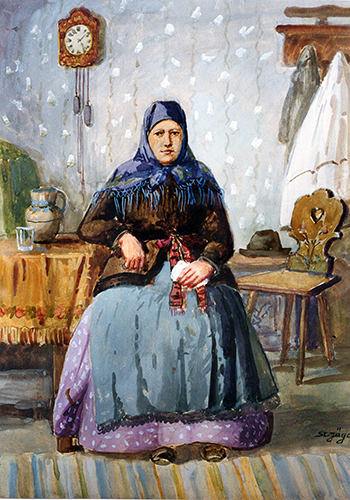 Frauenporträt, Bäuerin sitzt in der Stube