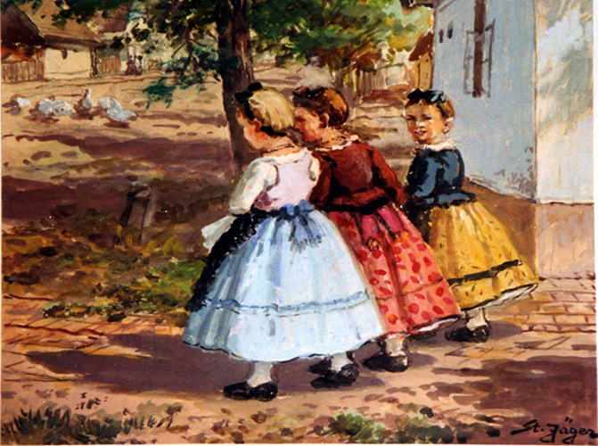 Drei kleine Mädchen auf der Dorfstraße