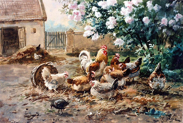 Hühnerhof – Hühner unterm Fliederstrauch, Korb