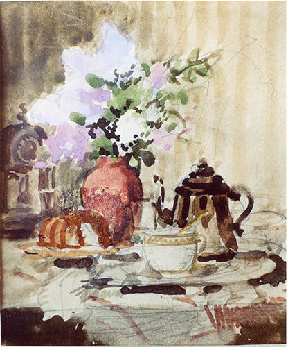 Stilleben – Vase mit Blumen, Kaffeekanne, Tasse