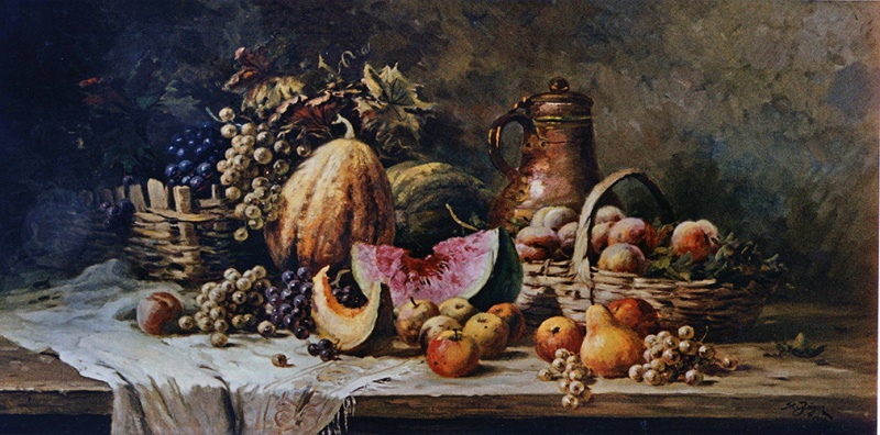 Stillleben – Melone Kürbis, Trauben