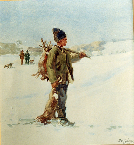 Treiber mit Jagdbeute (Winter)