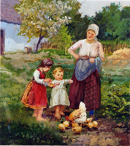 Mutter und Kinder mit Glucke