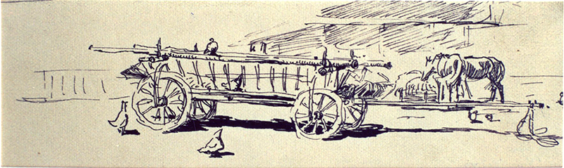 Leiterwagen und Pferde (langer L- mit Querholz, Nebenstang