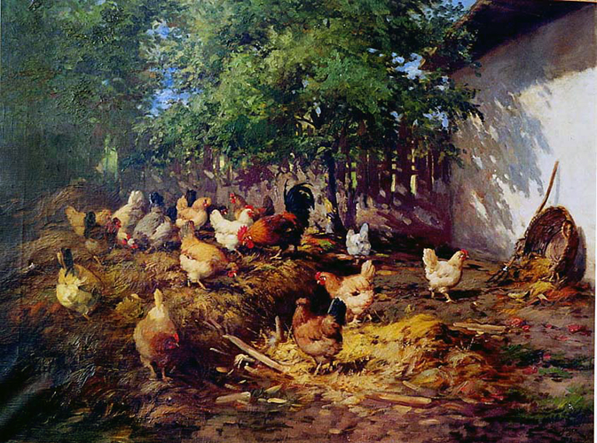 Hühnerhof – Hühner auf dem Misthaufen, Korb