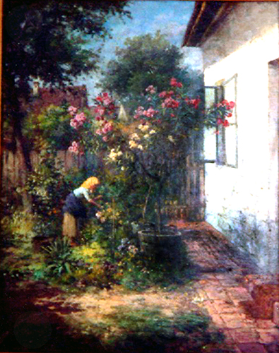 Hofpartie  mit Oleander – Frau im Blumengarten