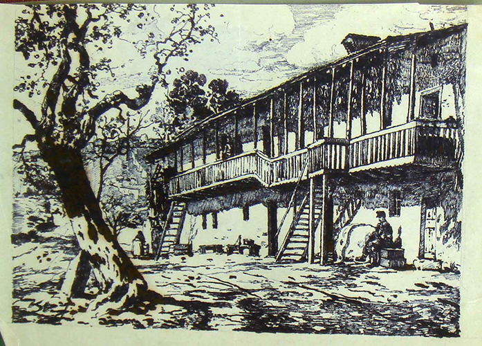 Haus mit Balkon, sitzender Soldat
