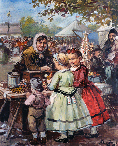 Drei Kinder am Marktstand