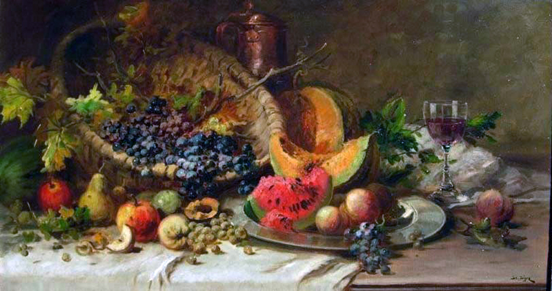 Stillleben – Kürbis, Wassermelone, Trauben, Obst