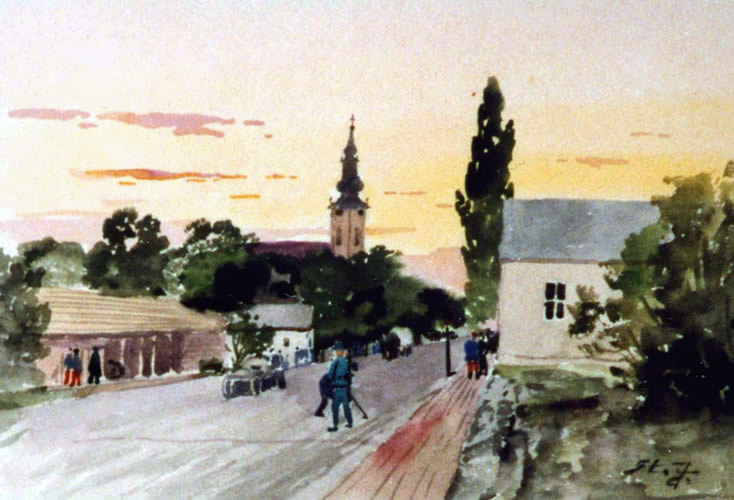 Dorfstraße mit Kirche - Soldat auf der Straße (Jarak)