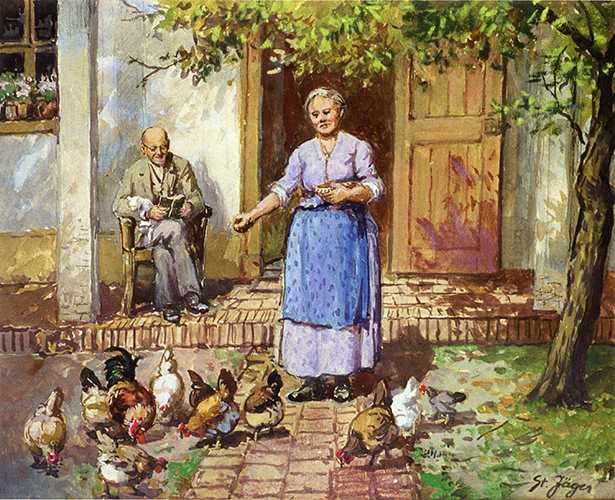 Frau füttert die Hühner - Mann liest ein Buch