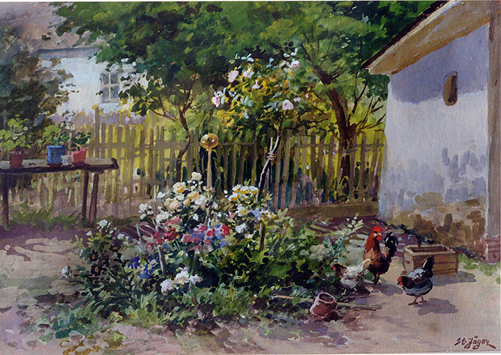 Hinterhof, Blumen, Hühner