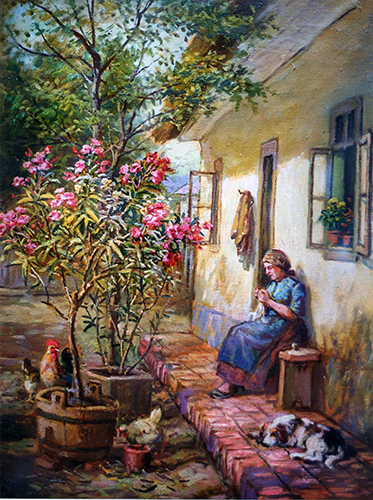 Hofpartie mit Oleander – Frau mit Näharbeit
