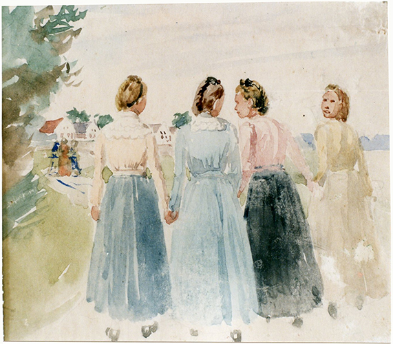 Vier Mädchen in Sonntagskleidung