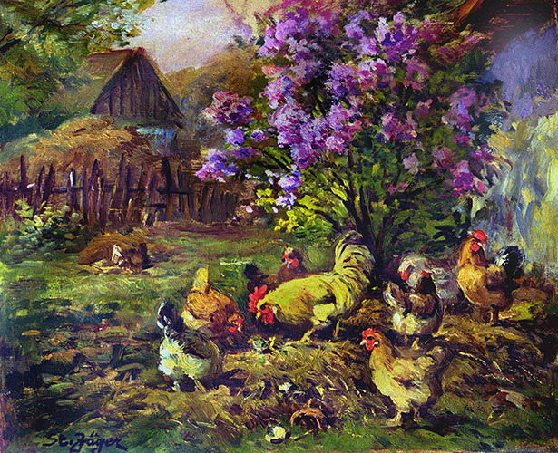Hühnerhof – Hühner unterm Fliederstrauch