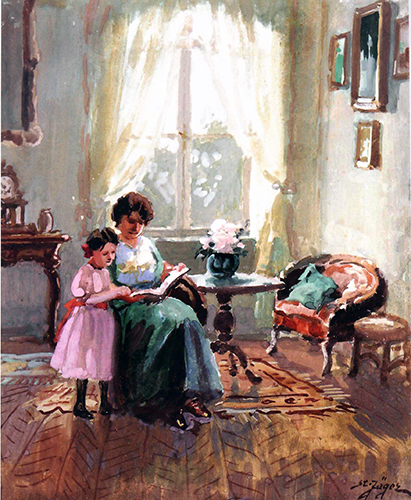 Mutter und Tochter lesen in einem Buch (Biedermeier)