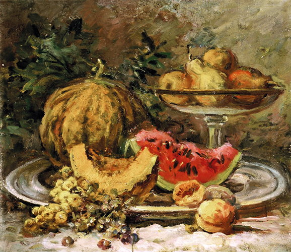 Stillleben – Melone, Trauben, Obst