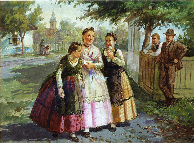 Neckerei - drei Mädchen, zwei Jungen (Straßenecke)