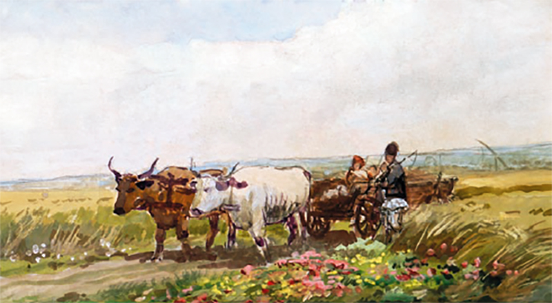 Rumänischer Bauer mit Ochsenkarren