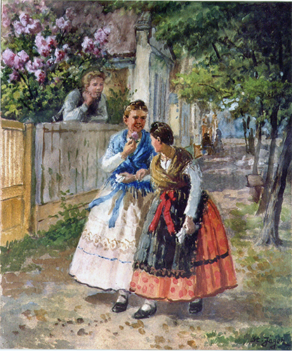 Neckerei - zwei Mädchen, Junge am Zaun
