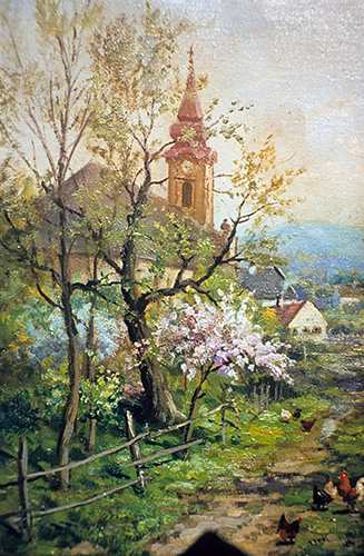 Dorf mit Kirche, blühender Baum