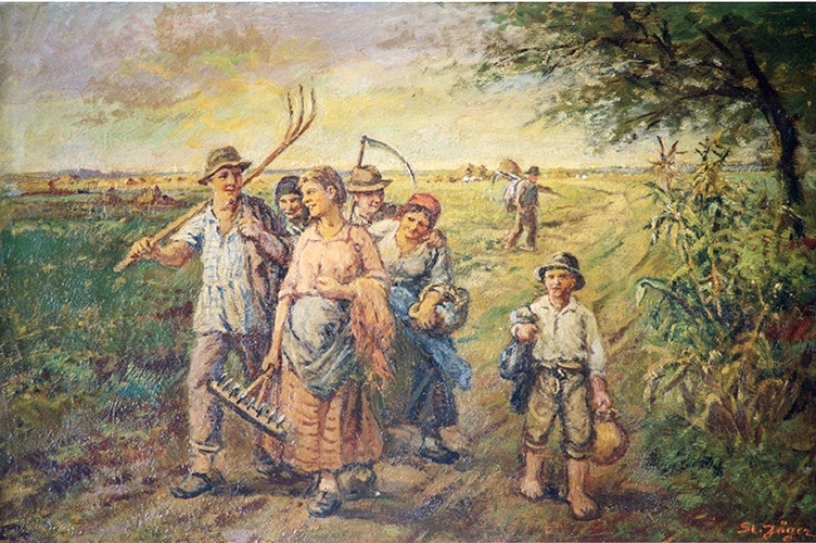 Heimkehr der Schnittergruppe - Weizenflur im Hintergrund