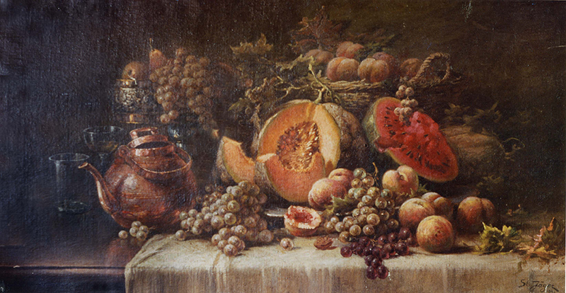 Stillleben – Kürbis, Melone und Trauben