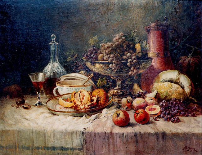 Herbstfrüchte und Weinflasche