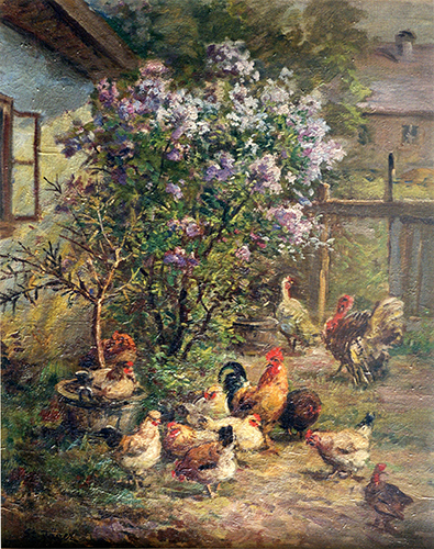 Hühnerhof – Puten und Hühner unterm Fliederstrauch
