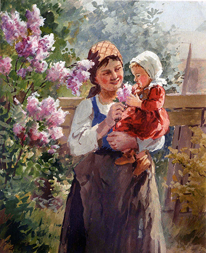 Mutter mit Kind im Arm unterm Flieder
