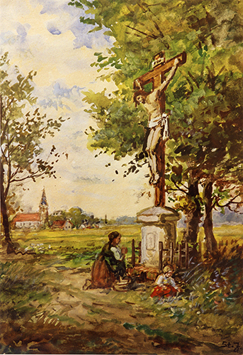 Wegkreuz - Frau betet kniend