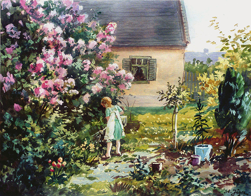 Mädchen gießt Blumen unterm Fliederstrauch