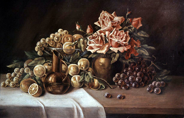 Stilleben – Südfrüchte, Trauben, Rosen