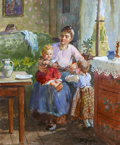 Mutter mit zwei Kindern am Fenster