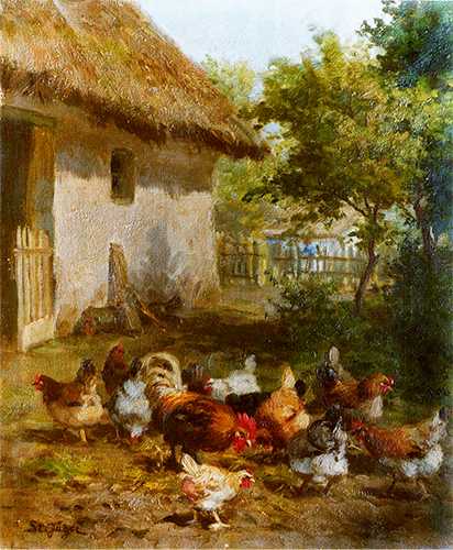 Hühnerhof – Hühner vor dem Stall