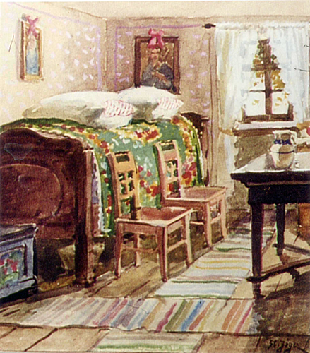 Die gute Stube – grüne Bettdecke, zwei Stühle