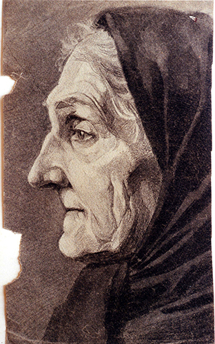 Frauenbildnis, alte Frau mit Kopftuch