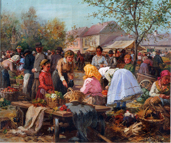 Wochenmarkt – Gemüsehändlerin, Handwagen