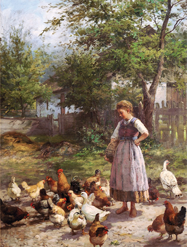 Mädchen füttert Hühner und Enten