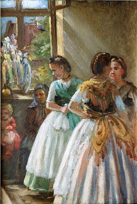 Drei Mädchen am Fenster mit Kirchweihstrauß