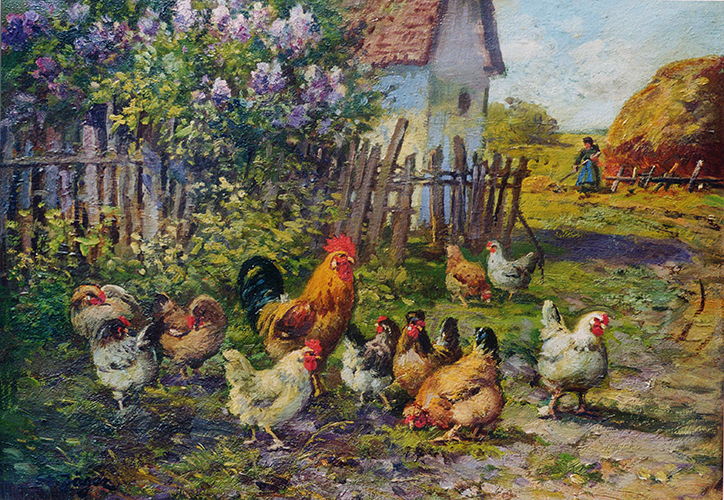 Hühnerhof – Hühner unterm Fliederstrauch