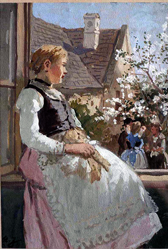 Mädchen im Fenster sitzend