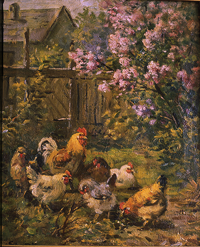Hühnerhof – Hühner unterm Fliederstrauch / Zaun