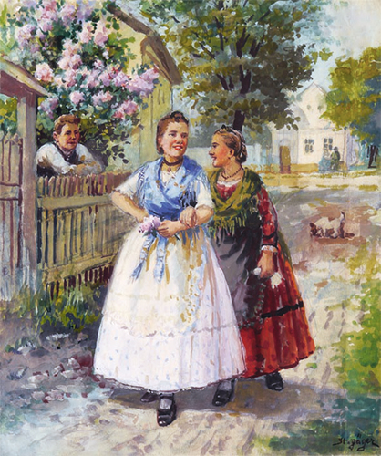 Neckerei - zwei Mädchen, Junge am Zaun