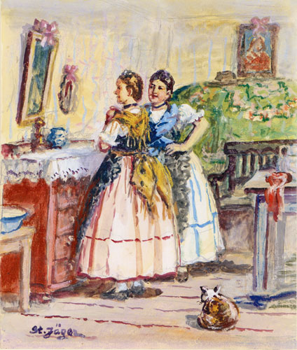 Mädchen in Tracht vor dem Spiegel