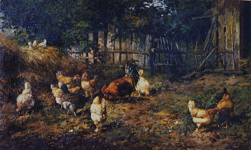 Hühnerhof – Hühner auf dem Misthaufen / Zaun